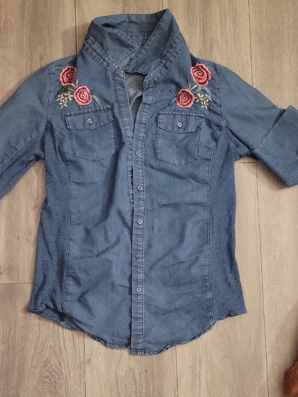 Girls' Blue Denim Shirt with Rose Embroidery